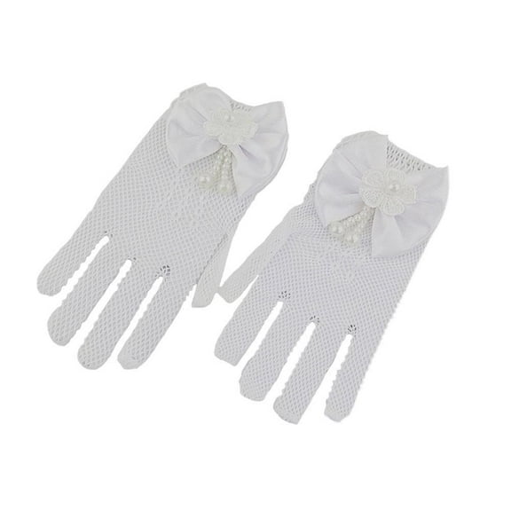 Kids Cream Lace Fishnet Gloves, Communion Party Wedding Gloves, Flower Girl Accessory, Stretchable Mesh, 4-15 Years