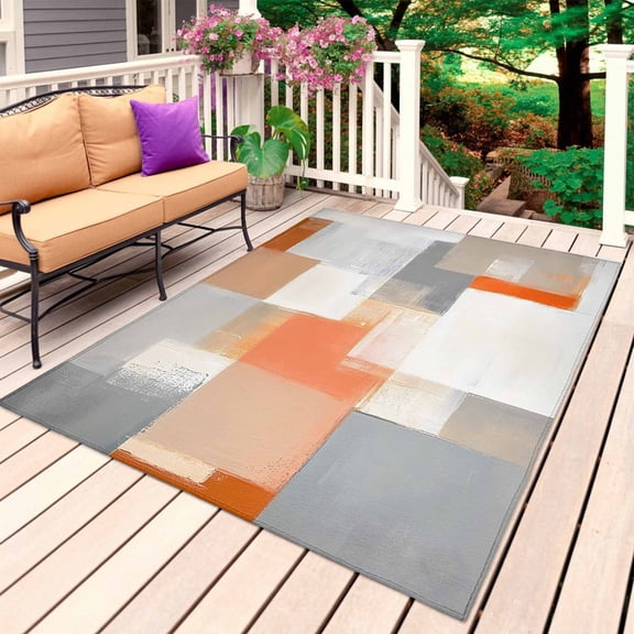 Orange Grey Geometric Outdoor Rug 4x6 Ft, Non Slip Washable Area Rug, Modern Abstract Color Blocks Patio Rugs Carpet Runner, Large Floor Mat for Indoor/Outdoor Deck Porch Camping