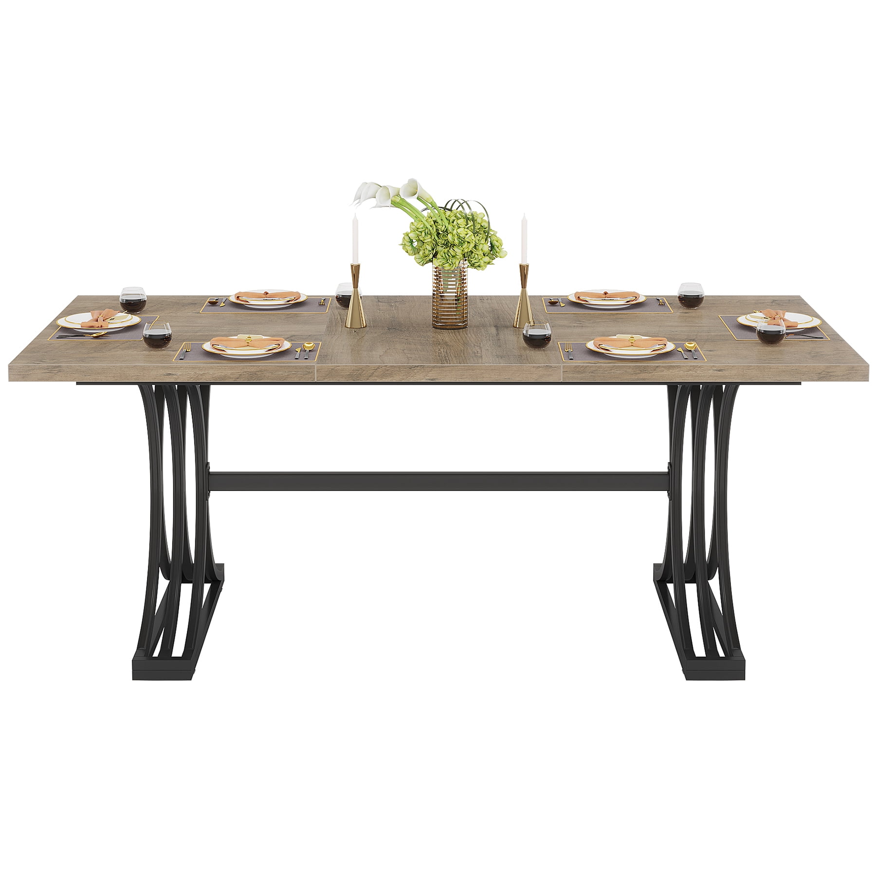 Fnova 63" Modern Dining Table, Rectangular Wooden Top Kitchen Table, Stylish Metal Trestle Legs, Seats 4 to 6 for Dining Room & Kitchen, Living Room