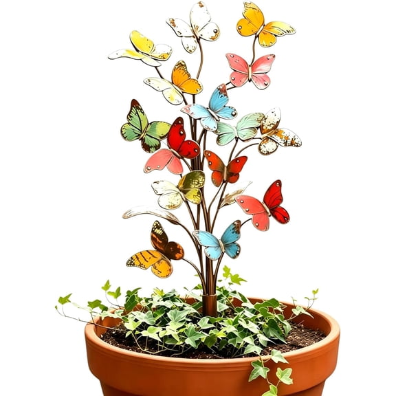 Metal Butterfly Garden Stake Decor for Outdoor Planters, Colorful Yard Art for Flower Pots, Patio Lawn & Garden Decoration, Handmade Plant Stake Gift for Garden Lovers (10in)