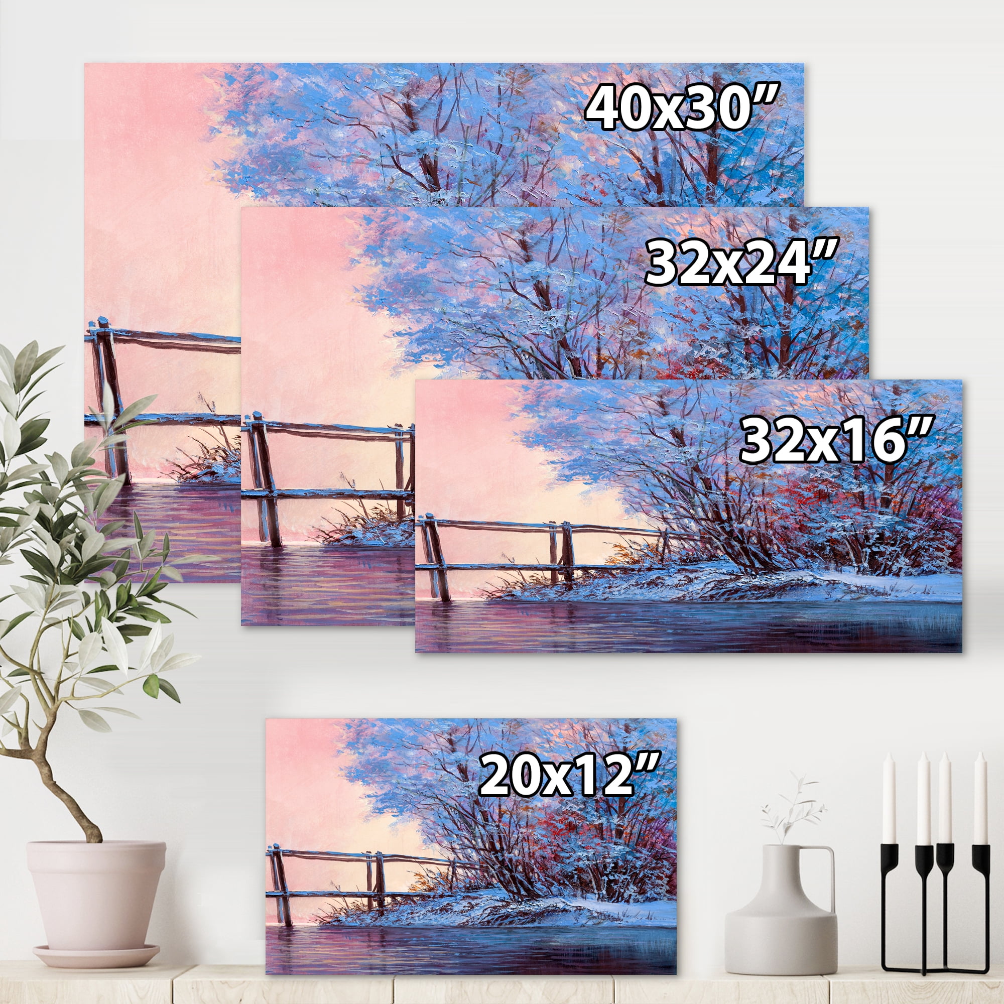 Designart ' Bridge Of Meandering River With Winter Scenery I ' Lake House Canvas Wall Art Print