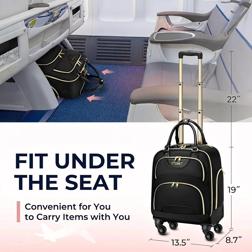 Ytonet Underseat Bag Carry on Luggage with Spinner Wheels, Airline Approved Softside Suitcase, Black