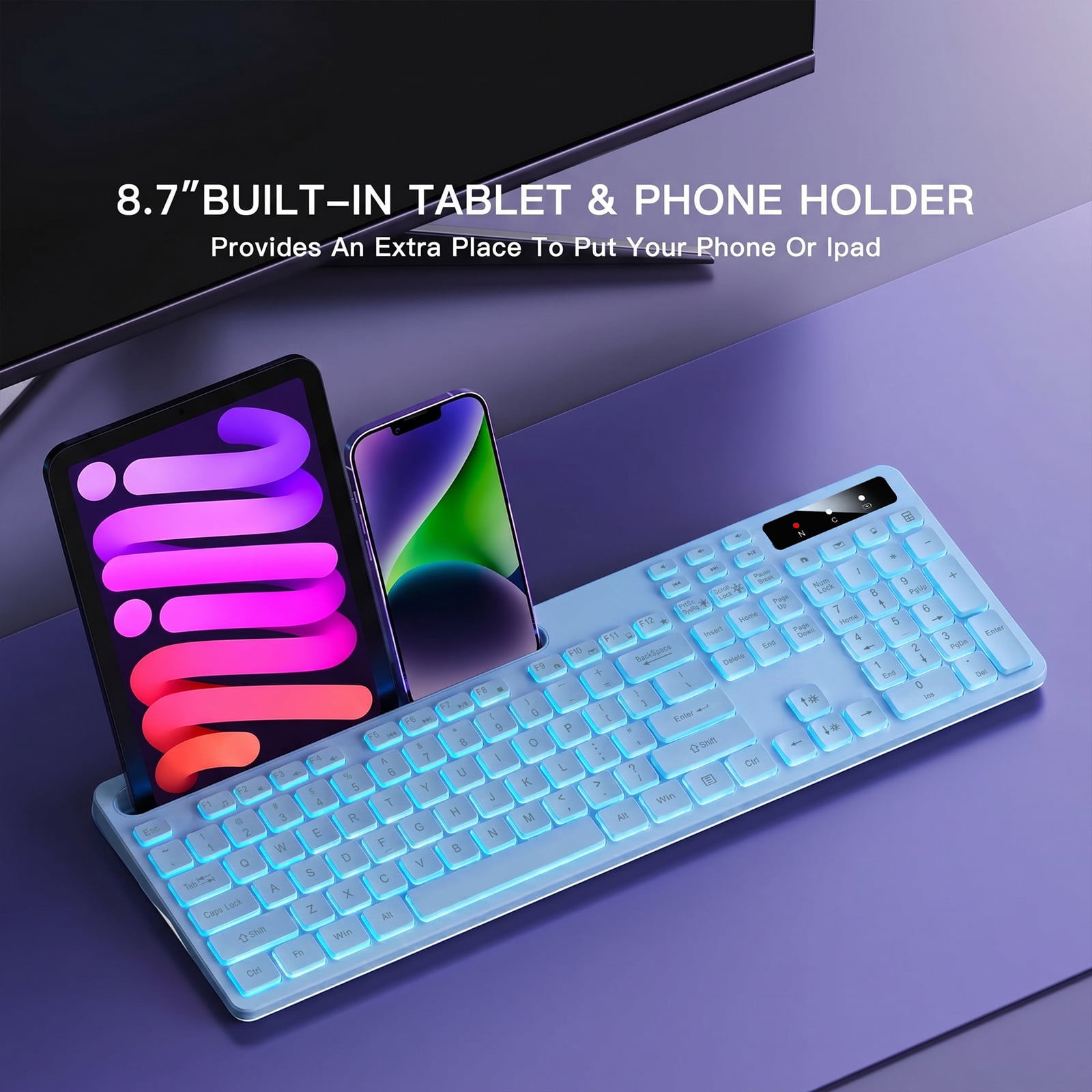 Wireless Keyboard with 7-Color RGB Backlit, Marvo Full-Size Computer Keyboard with Phone Tablet Holder, Rechargeable 2.4G Wireless Gaming Keyboard with Light up Keys, Compatible with Mac,Window, Blue