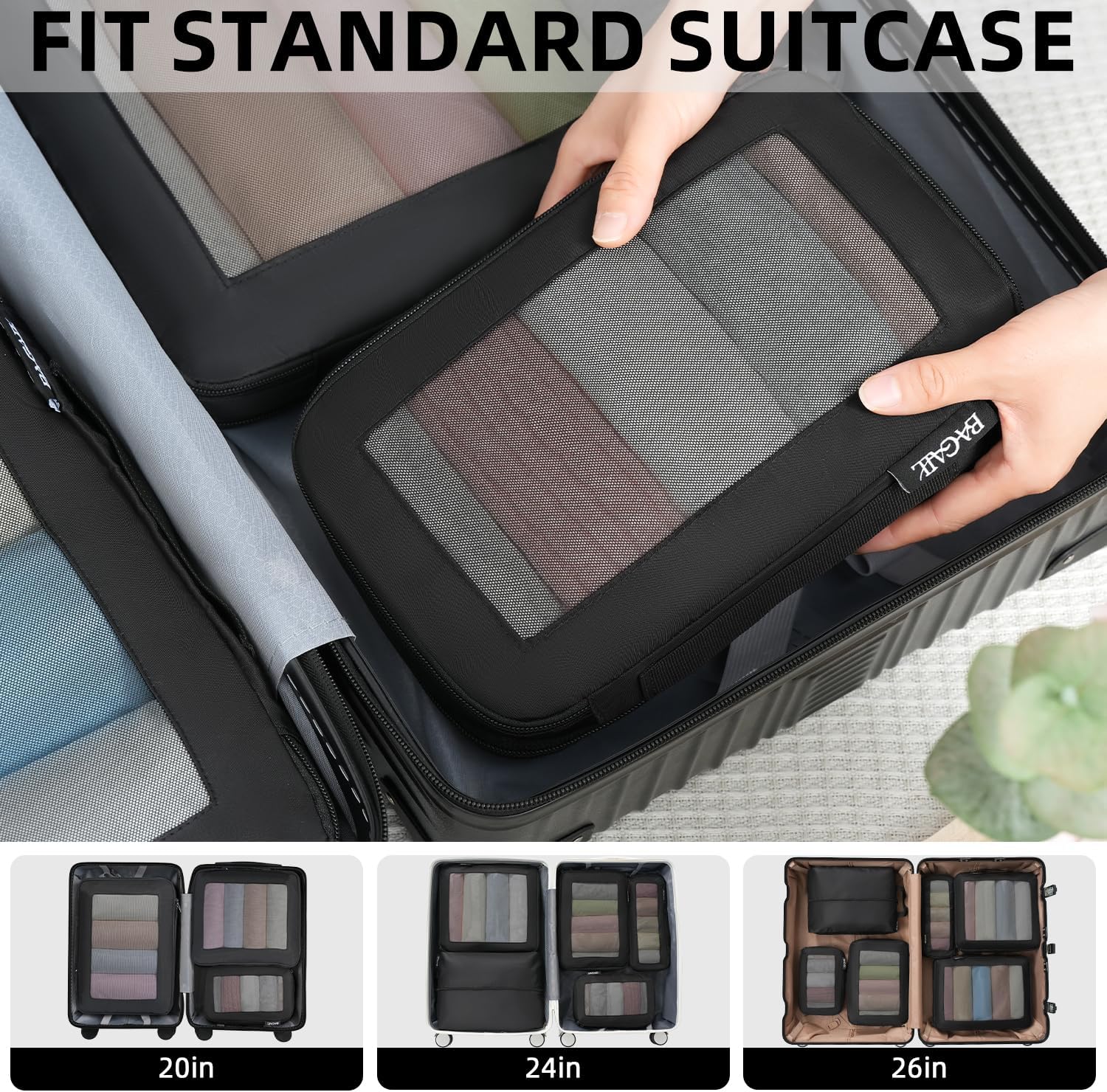 4 Set/6 Set/8 Set Compression Packing Cubes Travel Accessories Expandable Packing Organizers (Square Mesh, 05-Beige)