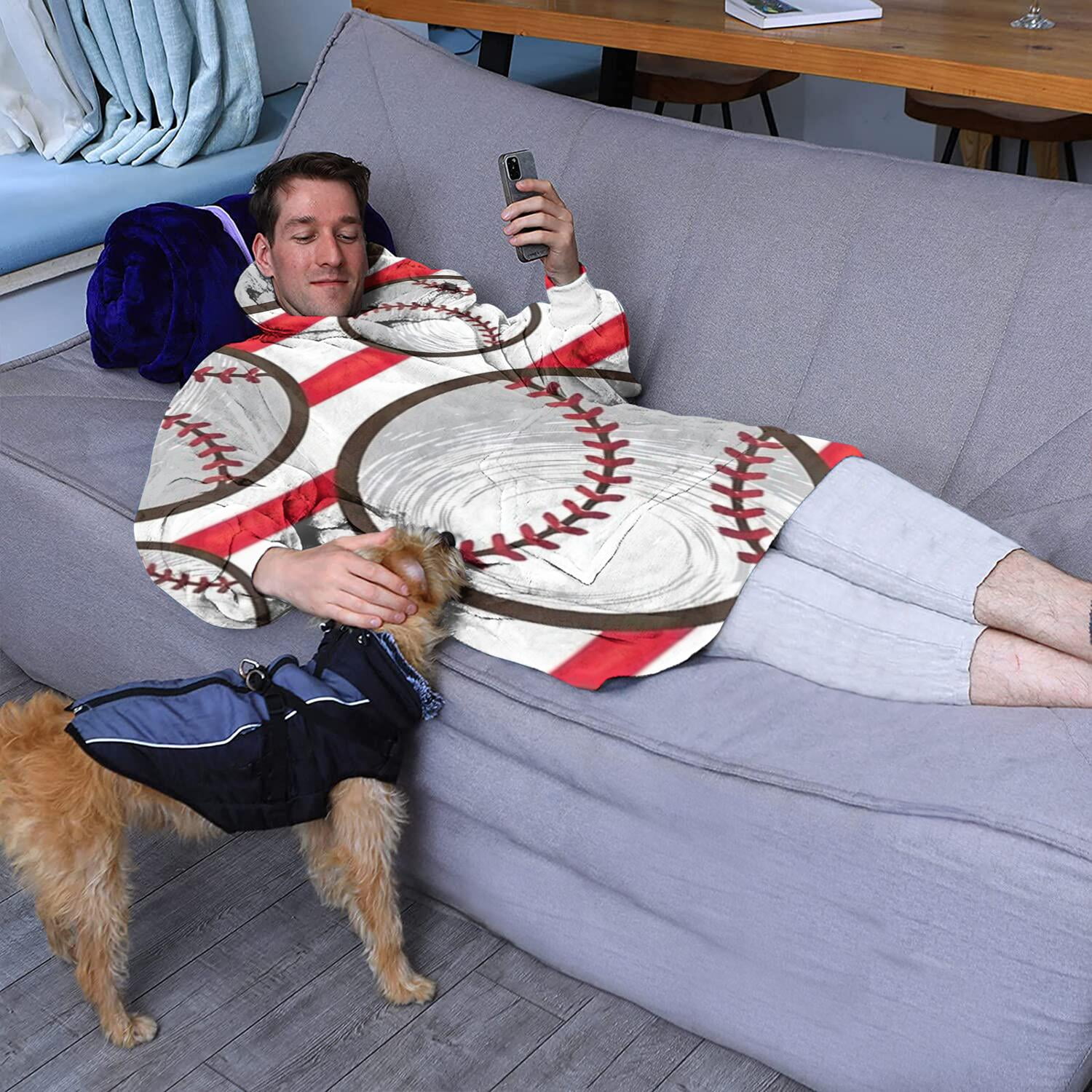 Red and White Striped Baseballs Pattern Wearable Oversized Blanket,Wearable Blanket Hoodie for Adults,Cozy Hooded Blankets with Super Pockets,Super Warm Fuzzy Pullover for Women & Men