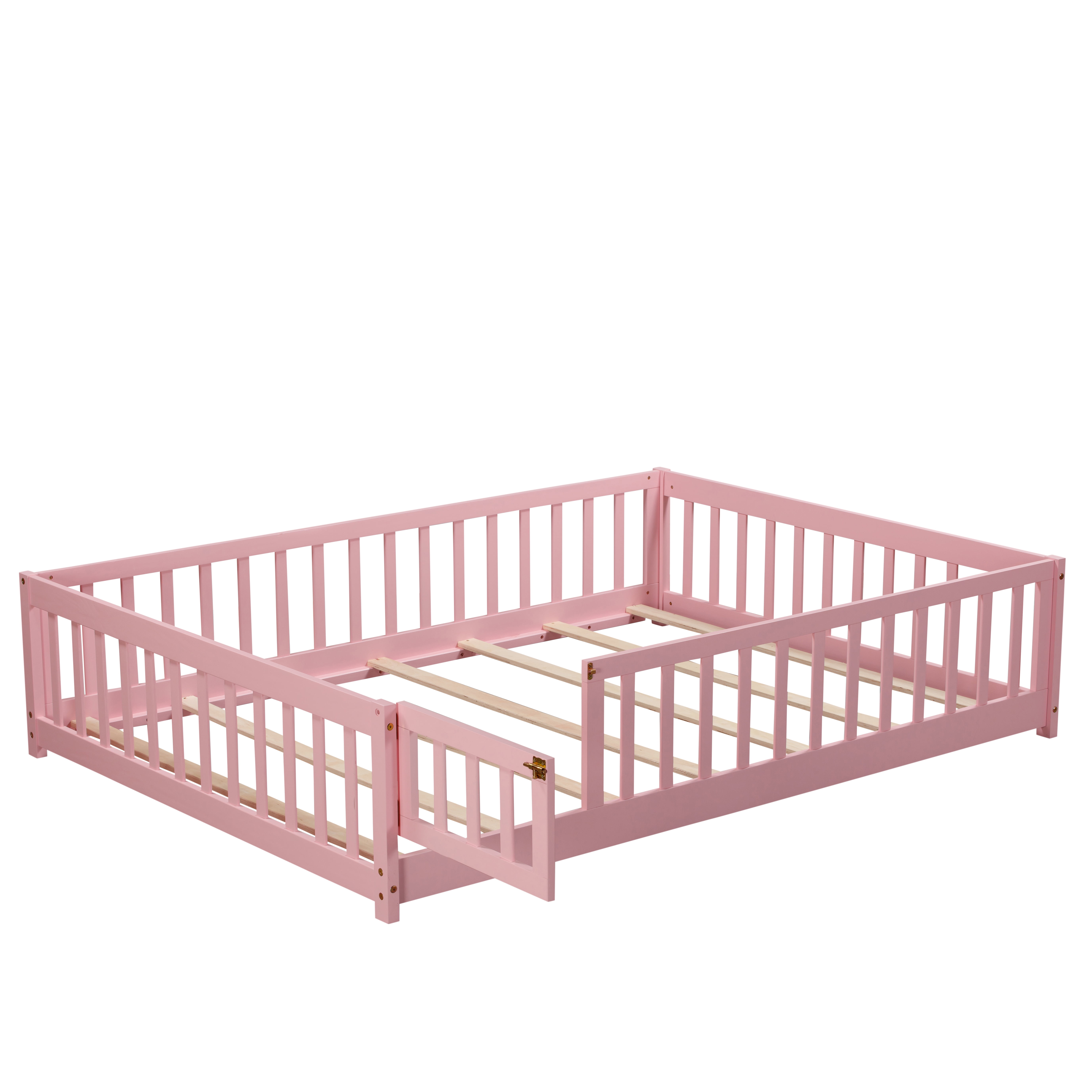 Miniyam Full Size Floor Bed for Kids, Montessori Bed with Slats, Safety Fence & Door, Pink
