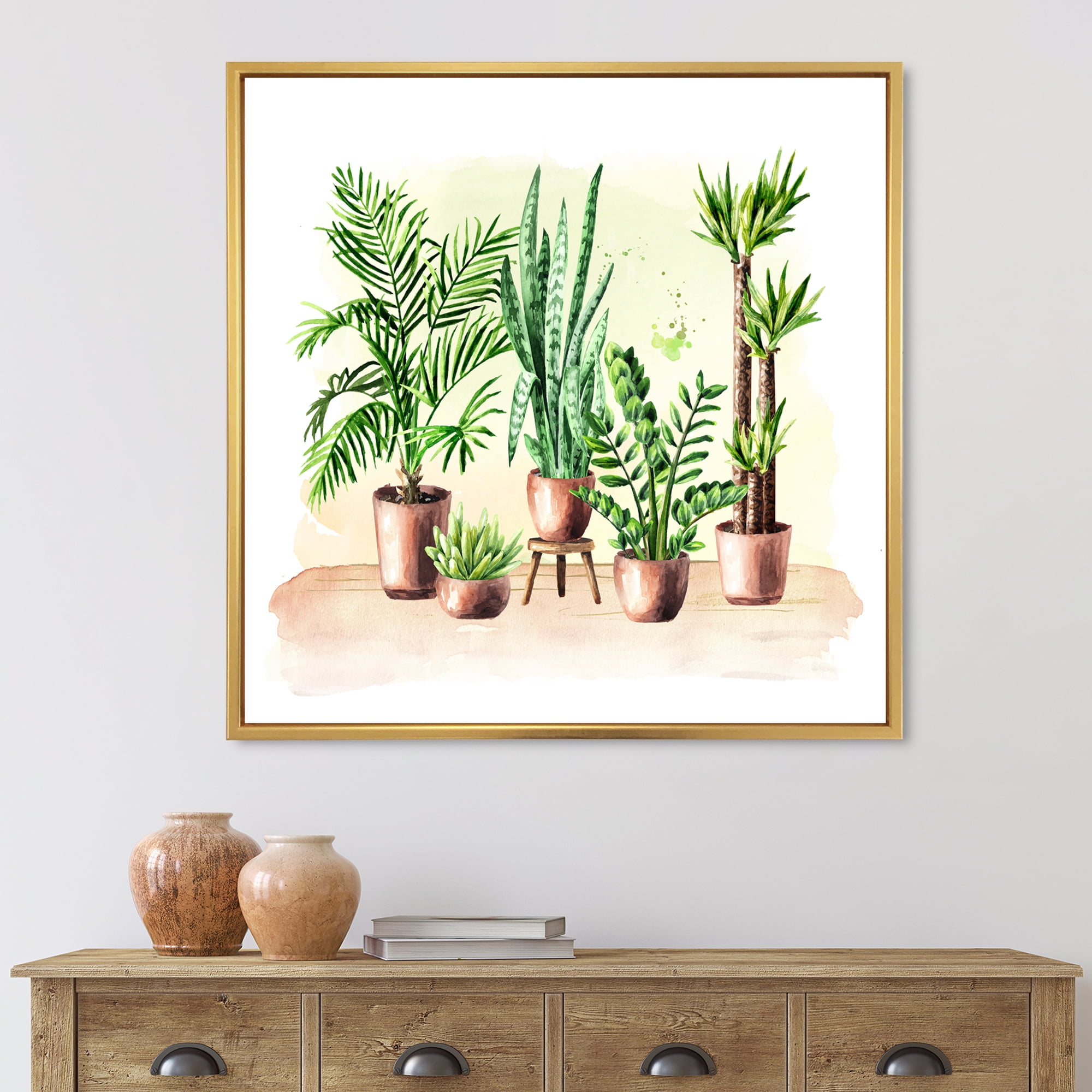 Designart 'Indoor Green Home House Plants in Pots I' Traditional Framed Canvas Wall Art Print