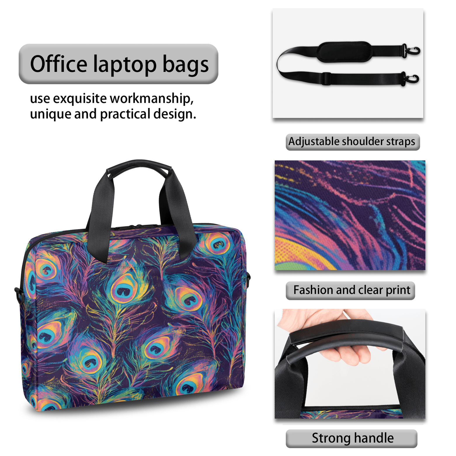 Herdesigns Peacock Feather Laptop Bag for Women Men, Computer Case Briefcase Messenger Bags, 15-15.6 inch Laptop Sleeve Shoulder Bag