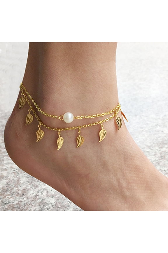 Leaf Tassels Two Layer Faux Pearl Beach Sandal Ankle Chain Foot Bracelet Anklet