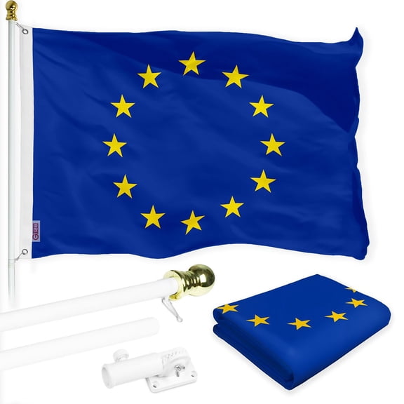 G128 Combo Pack: 6 Ft Tangle Free Spinning Flagpole (White) & European Union Flag 3x5 Ft Printed 150D Polyester, Brass Grommets (Flag Included) Aluminum Flag Pole