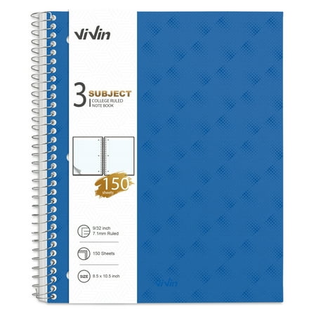 ViVin 3 Subject Notebook, College Ruled, 150 Sheets, 8.5 x 10.5 Inch, with 2 Removable Dividers, Blue