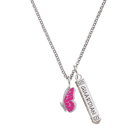 Delight Jewelry Silvertone Translucent Hot Pink Flying Butterfly Silvertone Guardian Angel Bar Charm Necklace, 23"