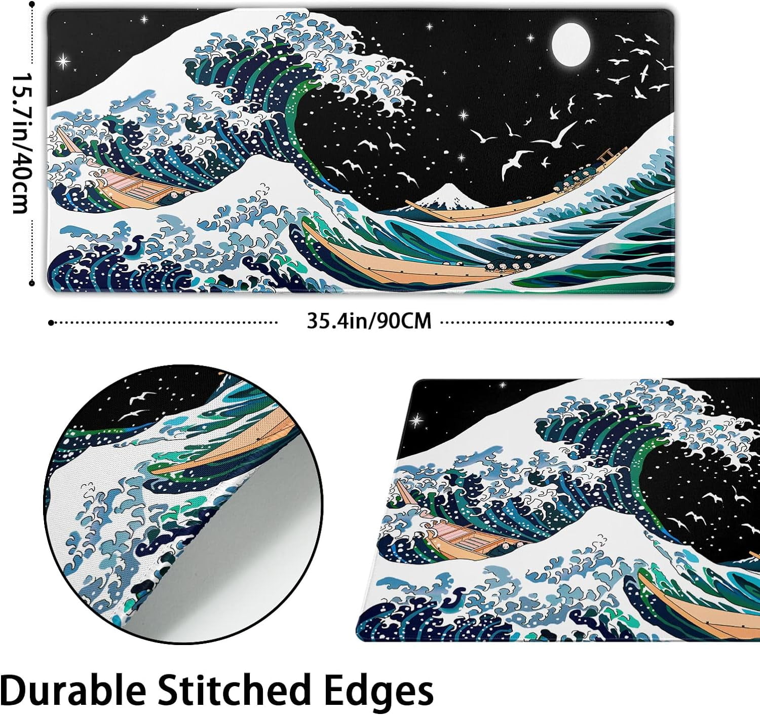 Japanese Black White Gaming Mouse Pad XXL Blue Green Sea Wave Moon Birds Extended Big Large Desk Mat Non-Slip Rubber Base Stitched Edge Long Keyboard Mousepad for PC Computer Laptop,35.4×15.7 in