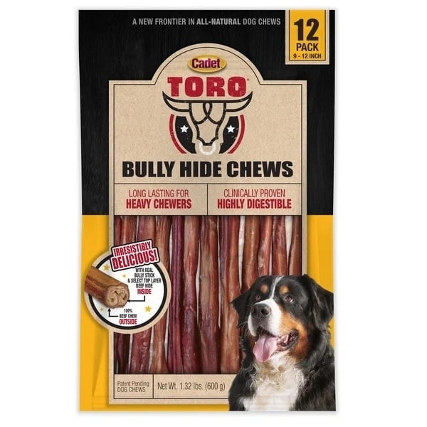 Cadet Toro Bully Hide Sticks AllNatural Dog Chews, 9"12" (Pack of 12