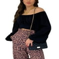 thumbnail image 1 of Women Tie Back Crop Top Off Shoulder Puff Sleeve Ruched Bust Tops Shirt Blouse, 1 of 4