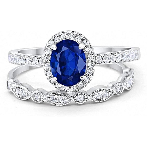 beryl_creation 14K White Gold Plated 2.10 Ct Oval Cut Blue Sapphire Wedding Engagement Halo Bridal Ring Set 925 Sterling Silver For Women's -9.5