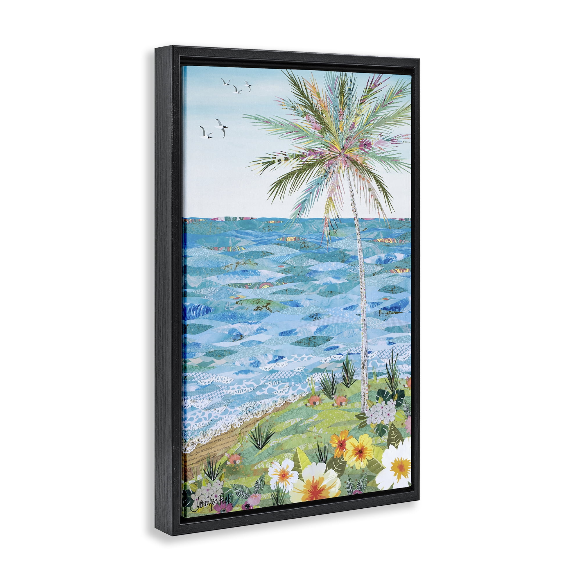 Stupell Industries Collaged Tropical Landscape Landscape Painting Black Floater Framed Canvas Art Print Wall Art, 17 x 25