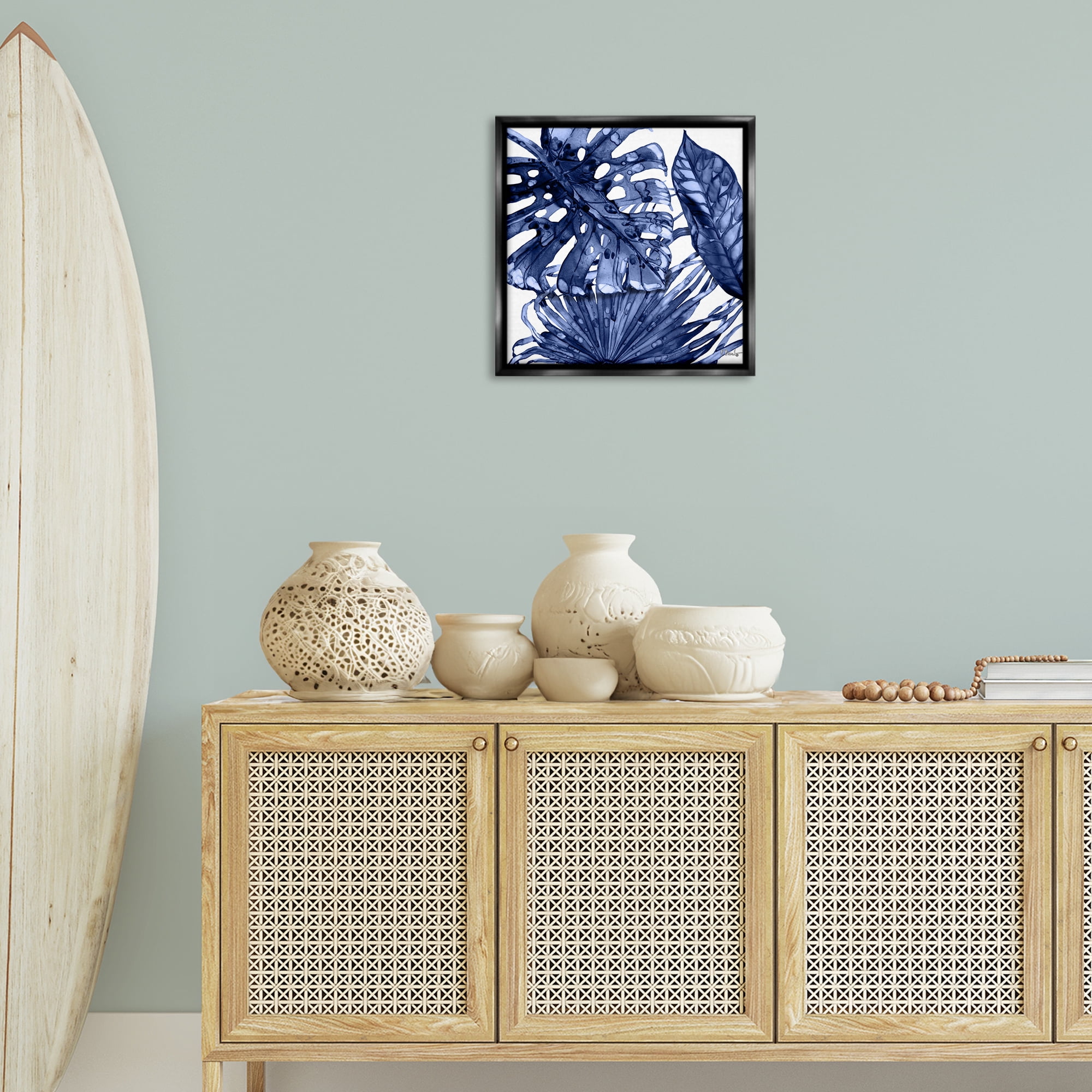 Stupell Industries Blue Hued Palms Botanical & Floral Painting Black Floater Framed Canvas Art Print Wall Art, 18 x 18