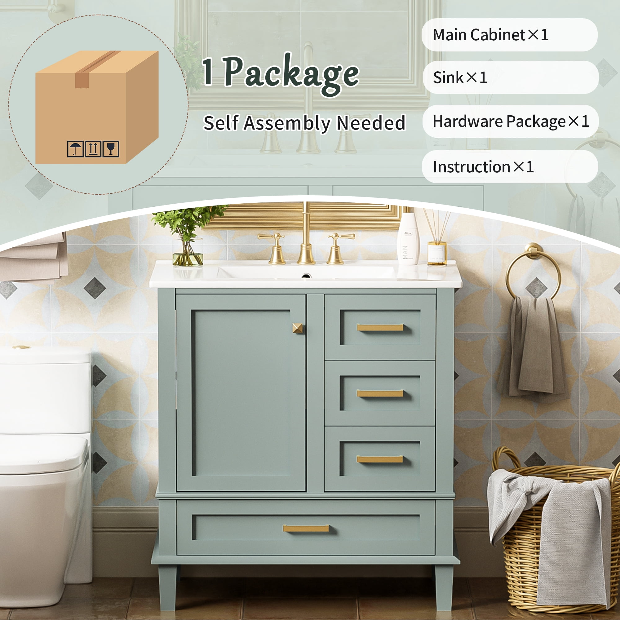 Euroco 30" Bathroom Vanity with Ceramic Sink, Soft-Close Doors & Drawers, Modern Design with Ample Storage