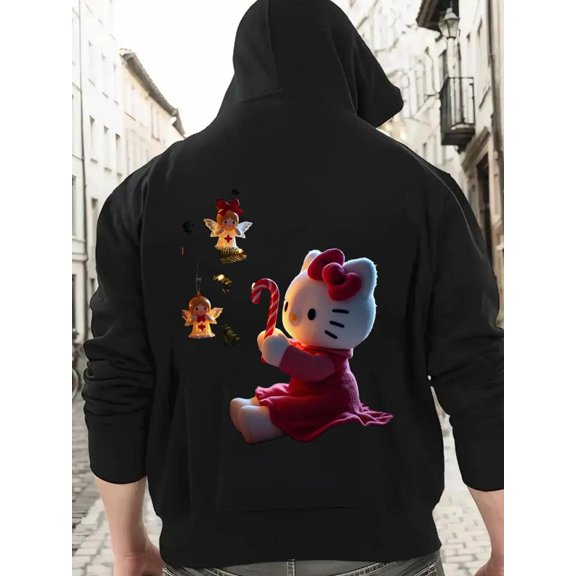 Men'S Black Hoodie - Loose Fit Pullover Sweatshirt with Cute Red Dress Cat & Balloon Graphic, All-Season Casual Hoodie for Everyday & Outdoor Activities, Comfortable Hooded Sweater for Men, Cool Hood