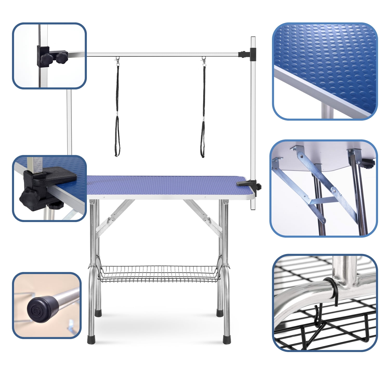 Large Grooming Table for Pet Dog and Cat with Adjustable Arm and Clamps Large Heavy Duty Animal Grooming Table, 42" - Blue