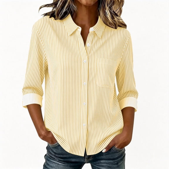 Lnmiateer Vintage Vertical Striped Collared Loose Button Up Top Ladies Soft Breathable Stretch Fabric Autumn Winter Camping Street Leisure Fashion Outfit