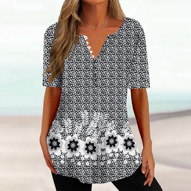 Puntoco 2024, tops a la moda de verano para mujer, top de manga corta holgado informal con estampado con cuello en V, top/camisa de manga corta con cuello en V