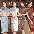thumbnail image 2 of Cheongsam de satén de doble forro para primavera y verano, ajustado, adelgazante, de talla grande, para mujer, para banquetes y espectáculos, 2 of 6