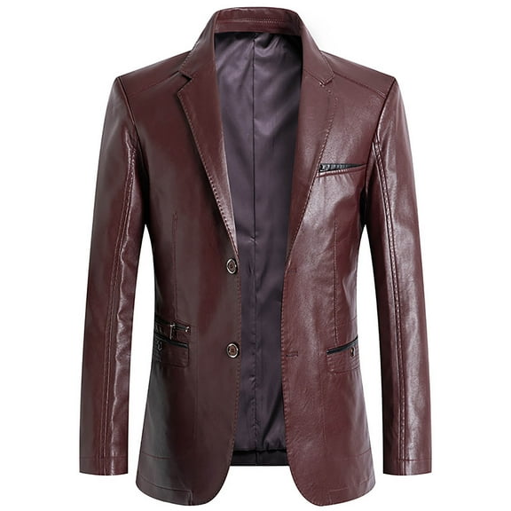 Olyvenn Stylish Men's Regular Fit Button Down Lined Business Lambskin Leather Jacket Blazer with Pockets Office Suit Coat Wine 10