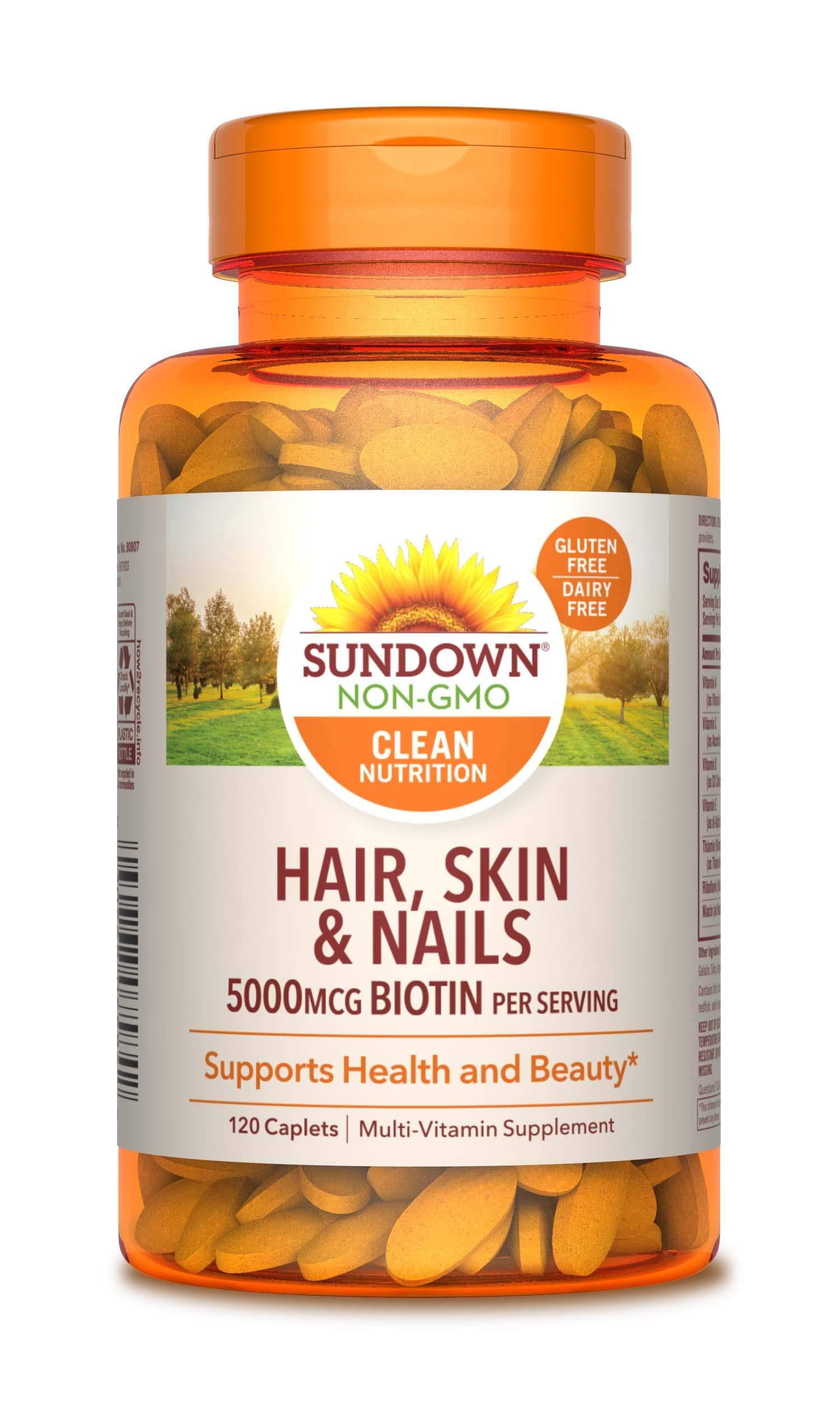 Hair, Skin & Nails Vitamins by Sundown, with Collagen, Non-GMOˆ, Free of  Gluten, Dairy, Artificial Flavors, 5000 mcg of Biotin, 120 Caplets -  