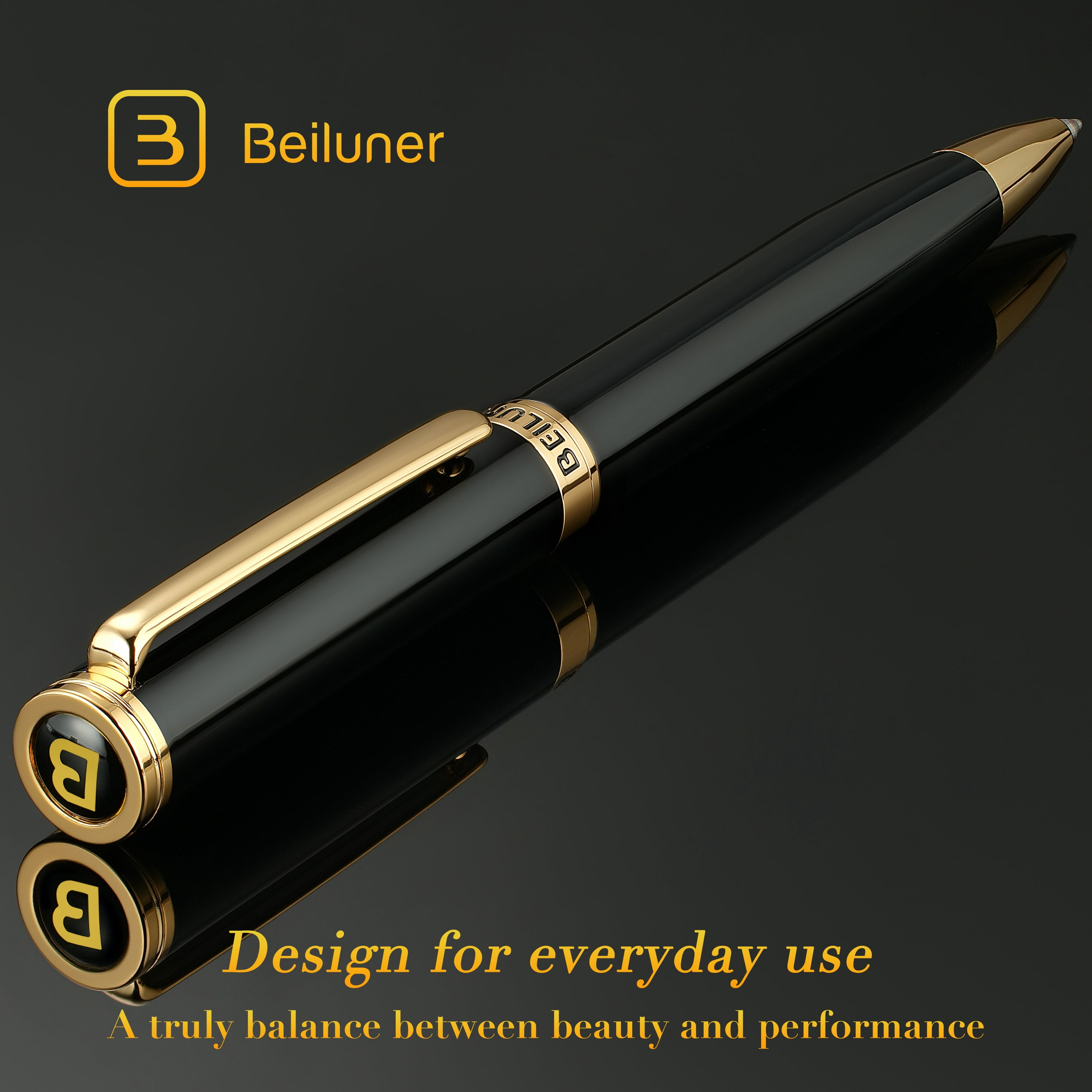 BEILUNER Black Gel Pens,Peerless Pen with 24K Gold Trim,The Exquisite Product Detail, Fancy Leather Box- Pen Gift Set for Men & Women-Executive, Office, Nice Designer Pens