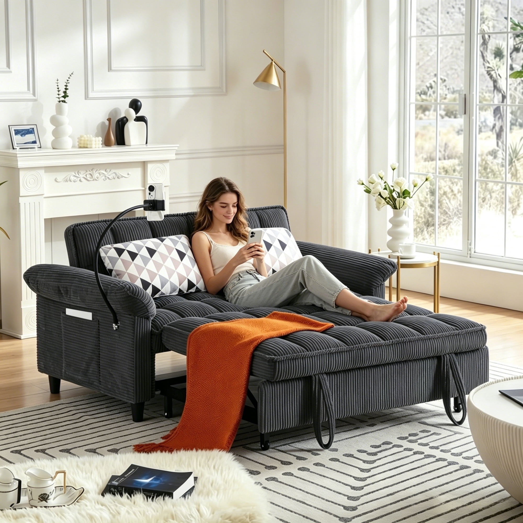 Gewnee 58"3-in-1 Corduroy Convertible Sofa Bed – Pull-out Loveseat Couch with 3 Reclining Positions & Storage Side Pocket,Sleeper Sofa for Living Room,Guest Room.Dark Grey