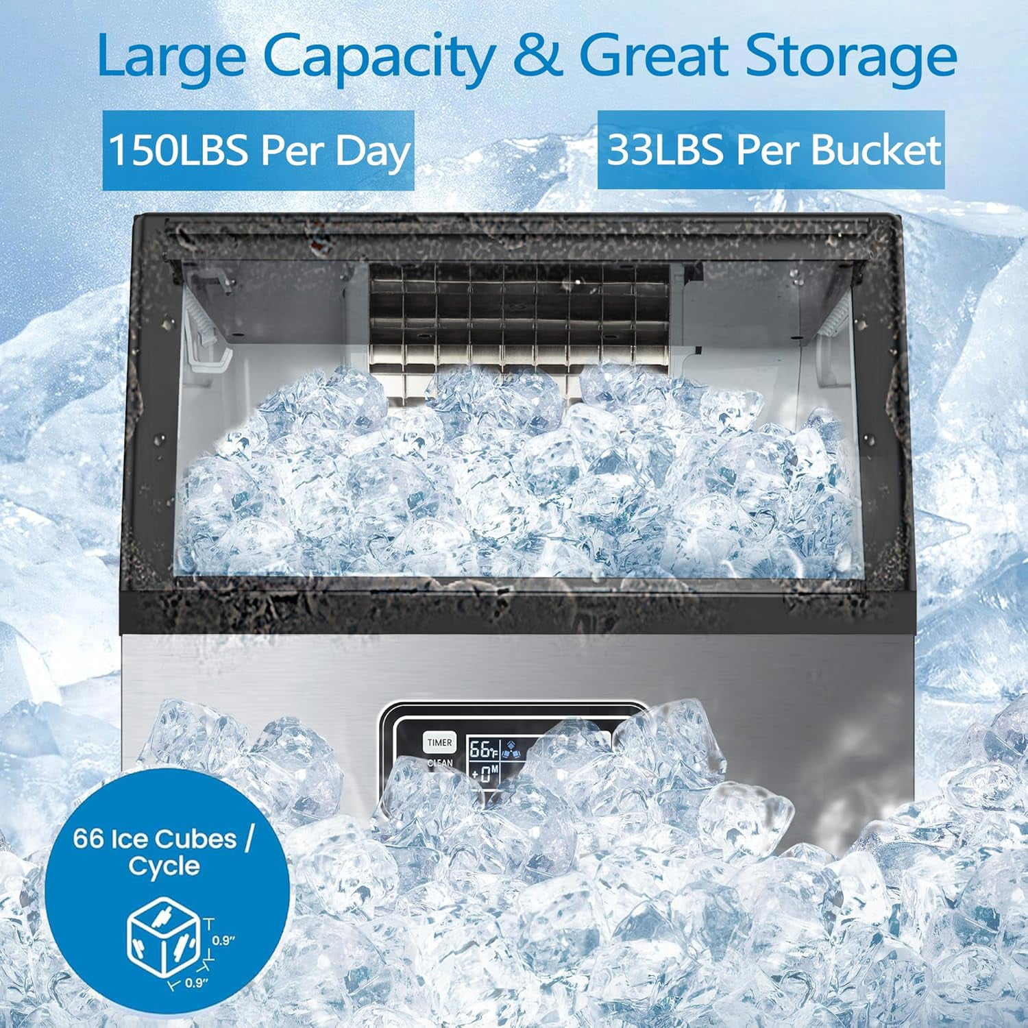 IdealHouse Commercial Ice Maker Machine, Under Counter Ice Maker, 150LBS/24H with 33LBS Ice Capacity,Stainless Steel Freestanding Ice Machine with Ice Scoop, Self-Cleaning