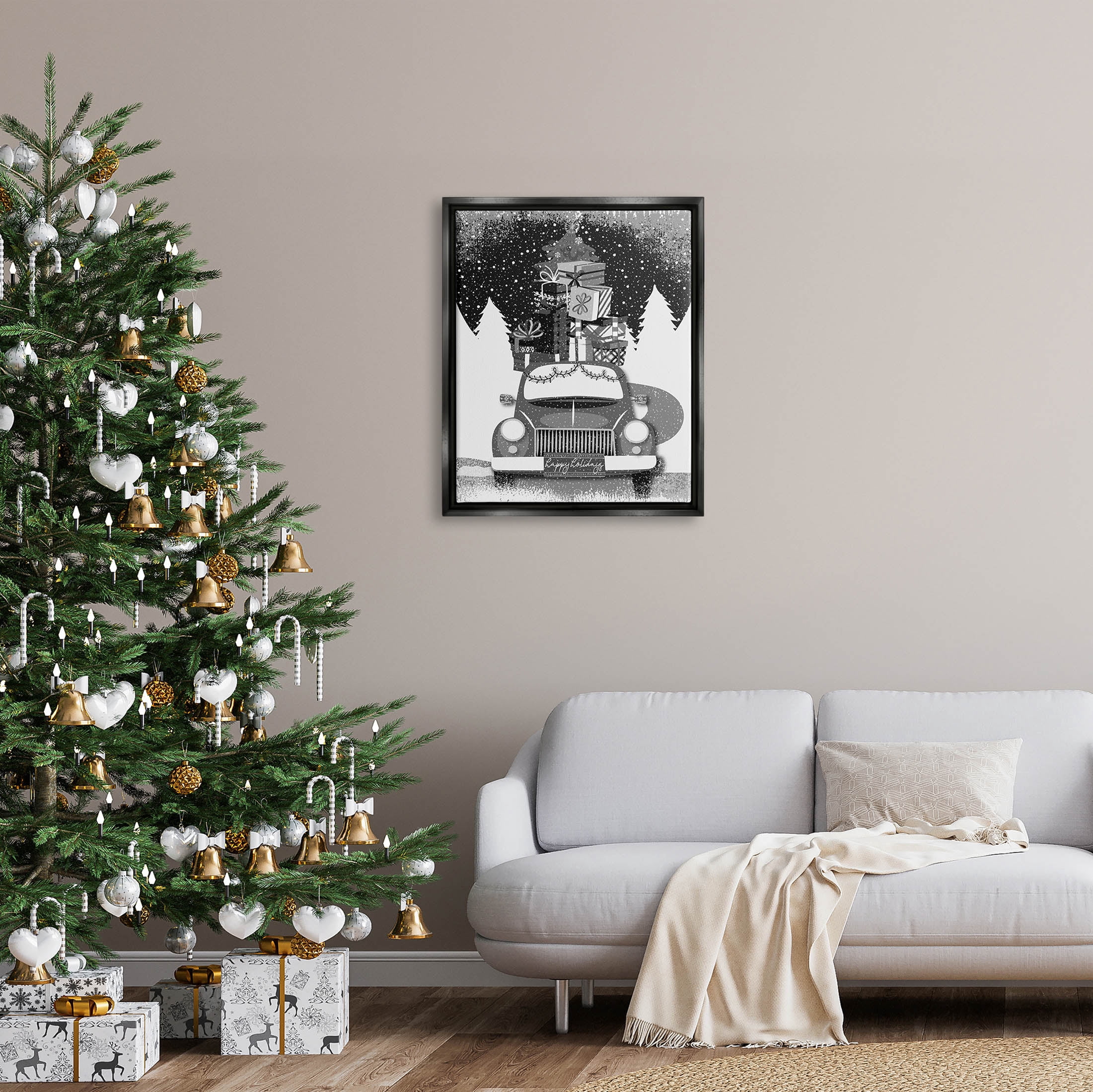 Stupell Industries Happy Holidays Gifts Car Graphic Art Jet Black Floating Framed Canvas Print Wall Art, Design by Andrea Jasid Grassi