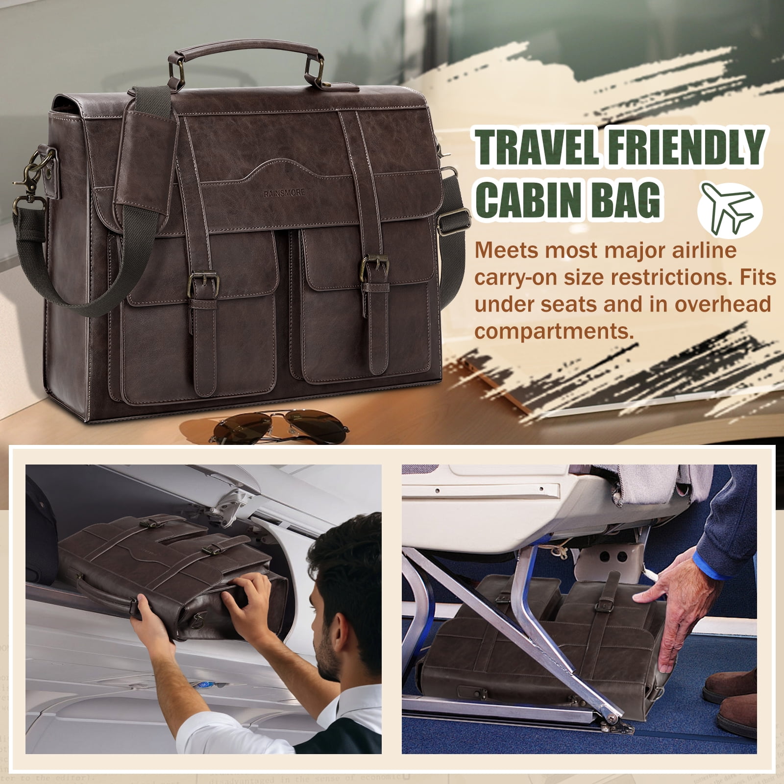 RAINSMORE Mens Messenger Bag 17 Inch Vintage Leather Laptop Bag Magnetic Closure Large Satchel Computer Briefcase Shoulder Bag,Coffee