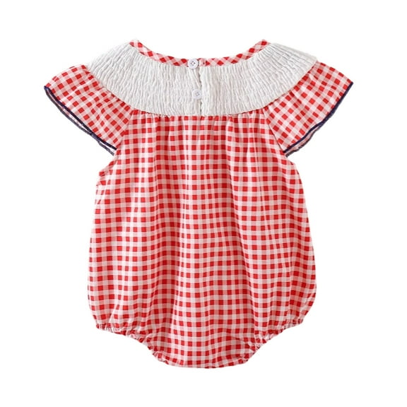 Krdevn Baby Girls' Red Gingham Romper, Ruffle Yoke Flying Sleeve Bodysuit, Lightweight Summer Outfit for Independence Day & Casual Wear,3-6 Months