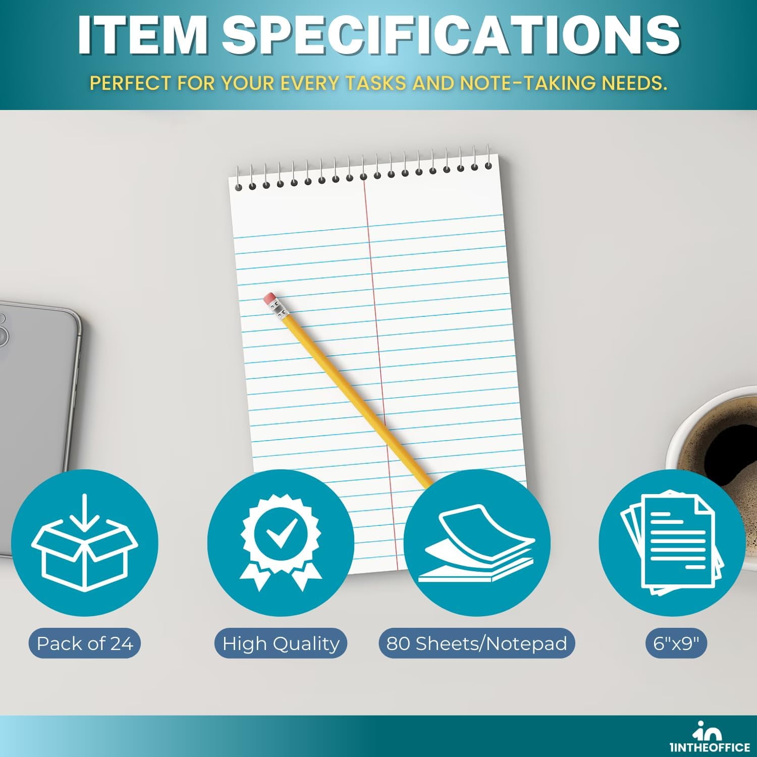 1InTheOffice Steno Pads Spiral 6x9, Steno Note Pads, Spiral Steno Pads, Gregg Ruled, 80 Sheets/Pack, White, 24 Pack