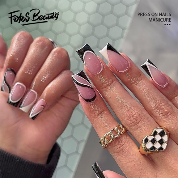 Fofosbeauty 24pcs Press on False Nails Tips,Coffin Fake Acrylic Nails, French Lines Black White