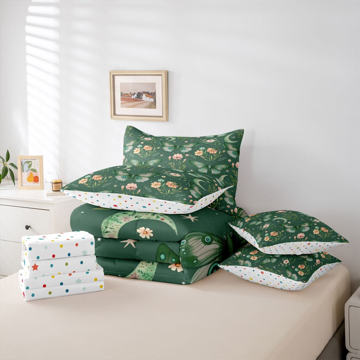 Homewish Green Butterflies 7-Piece Twin Bedding Sets for Boys Girls,Chic Flowers Bedding Comforter Set,Spring Graden Breathable Sheet Sets,Microfiber Bedroom Decor,Reversible