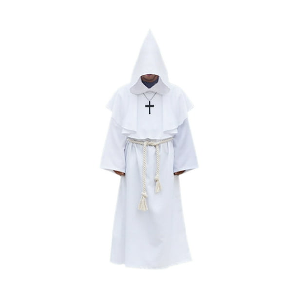 Disfraz de sacerdote con capucha de Halloween con collar cruzado Cinturón Unisex Hombres Mujeres Sól Abanopi Blanco/XL