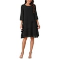 thumbnail image 1 of Vestido de gasa para mujer Inspire Chic con volantes, de capas, fluido, de manga 3/4, corte A, hasta la rodilla, negro, XL, 1 of 5