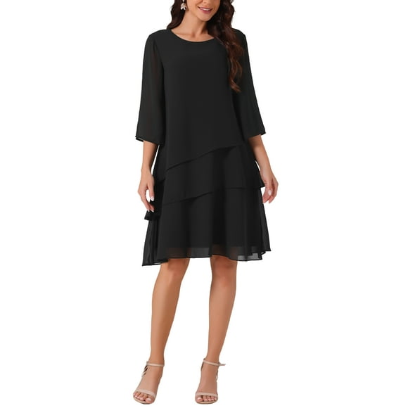 Vestido de gasa para mujer Inspire Chic con volantes, de capas, fluido, de manga 3/4, corte A, hasta la rodilla, color negro, talla S