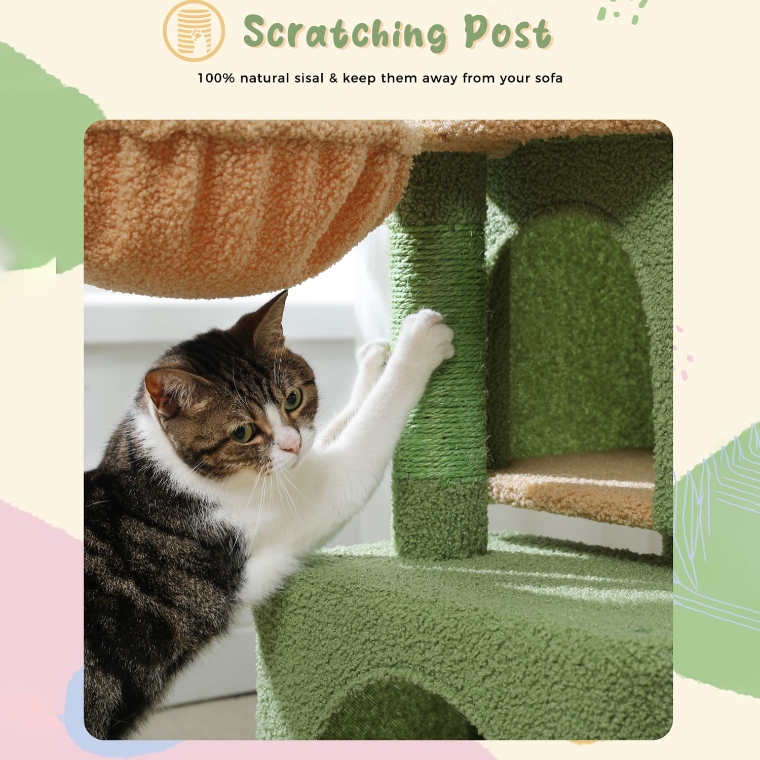 Pefilos 43" Cat Tree for Indoor Cats, Cat Tower Climbing Tree with Cat Scratching Posts, 2 Condos and Hammock, Activity Tree for Kittens, Green