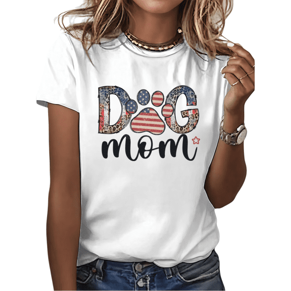 White Dog Mom American Flag Leopard Print Paw Print Patriotic 4th of July Dog Lover Pet Owner Gift Tshirt Graphic Tees Shirts Tops S-5XL