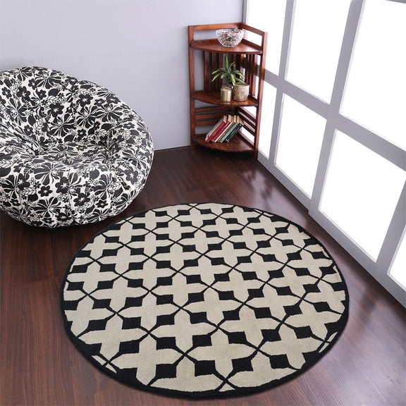 Rugsotic Carpets Hand Tufted Wool Eco-Friendly 8'x8' Area Rugs Round Beige Black Geometric Modern High Pile Thick Handmade Anti Skid Indoor Rug for Living Room, Bedroom K00301