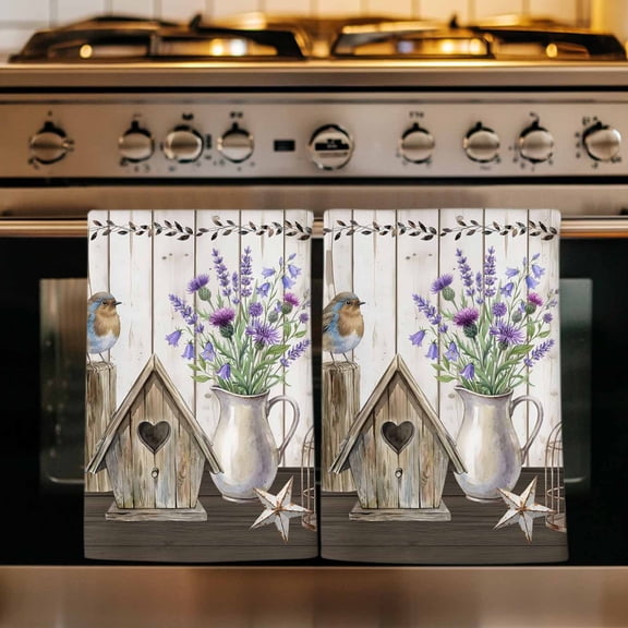 Vintage Flowers Kitchen Towels Set of 4, Wooden Birds Retro Art Farmhouse Absorbent Dish Towels for Kitchen, Microfiber Hand Towel, Quick Drying Tea Towel for Cleaning Decorative Dishcloths