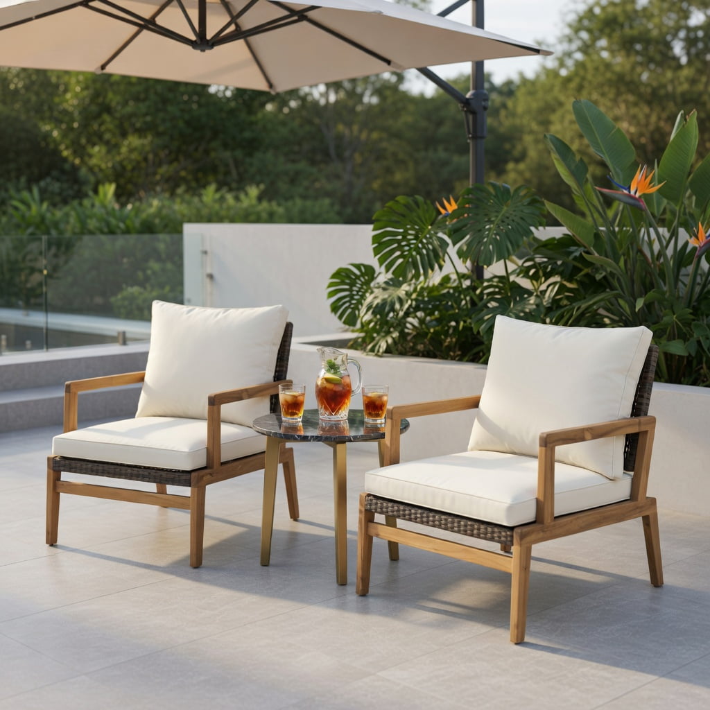 Hommoo 3-Piece Outdoor Patio Furniture Set, 2 Cushioned Rattan Chairs + Tempered Glass Side Table, PE Rattan & Polyester Cushions, Acacia Wood & Metal Frame, Brown