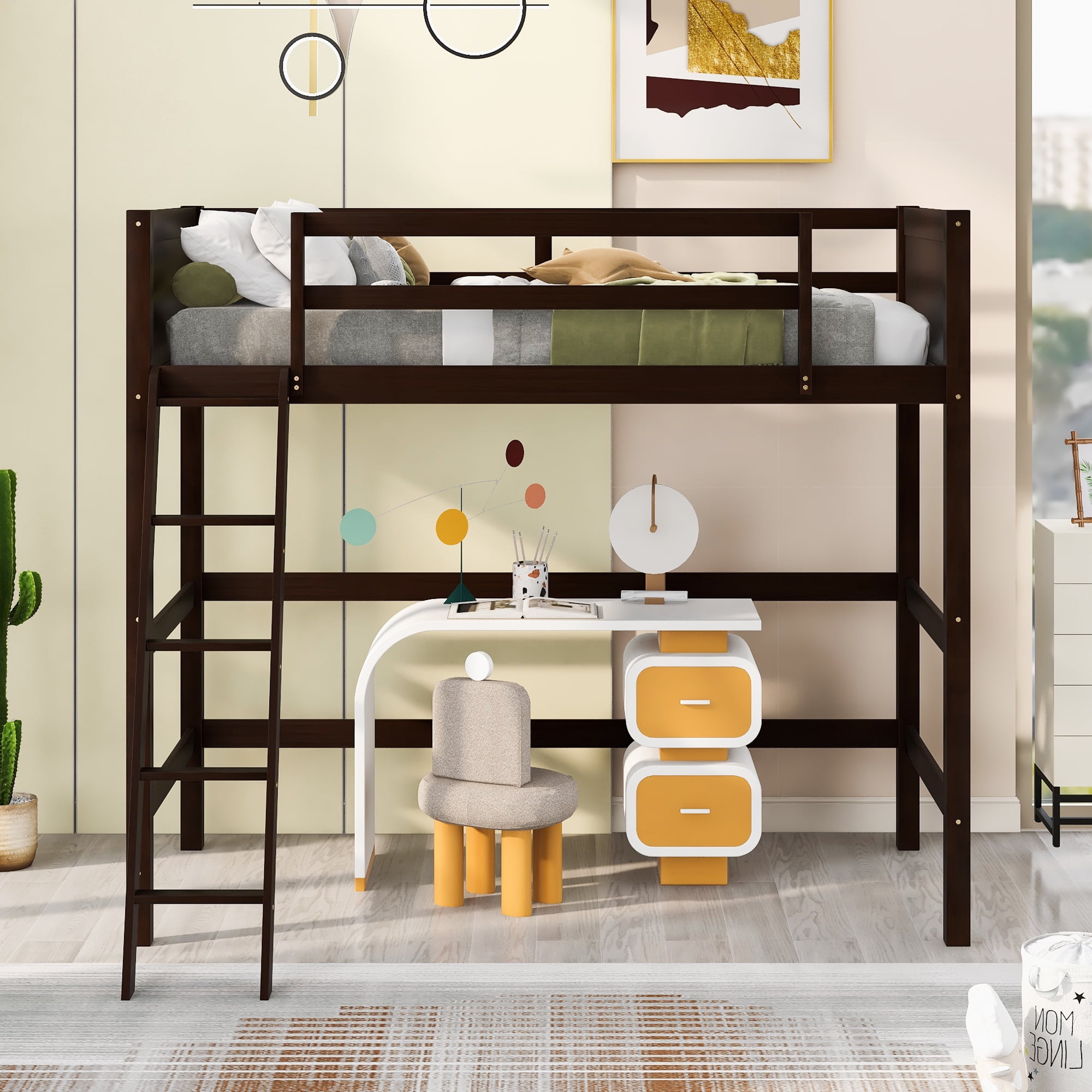 Aukfa Twin Loft Bed, Wood Bed Frame for Dorm Kis Teens College, Modern - Espresso