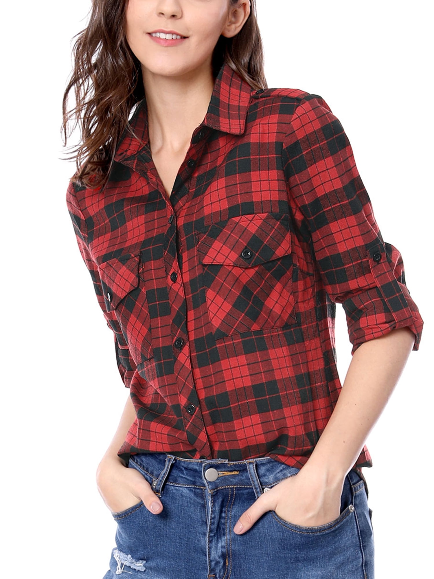 Unique Bargains - Women Checks Roll Up Sleeves Flap Pockets Flannel ...