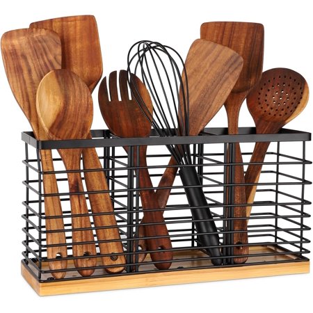 TACGEA Utensil holder for Kitchen Counter, Kitchen Cooking Utensil Holder Organizer with Wooden Base Matte Black (3 Compartments)